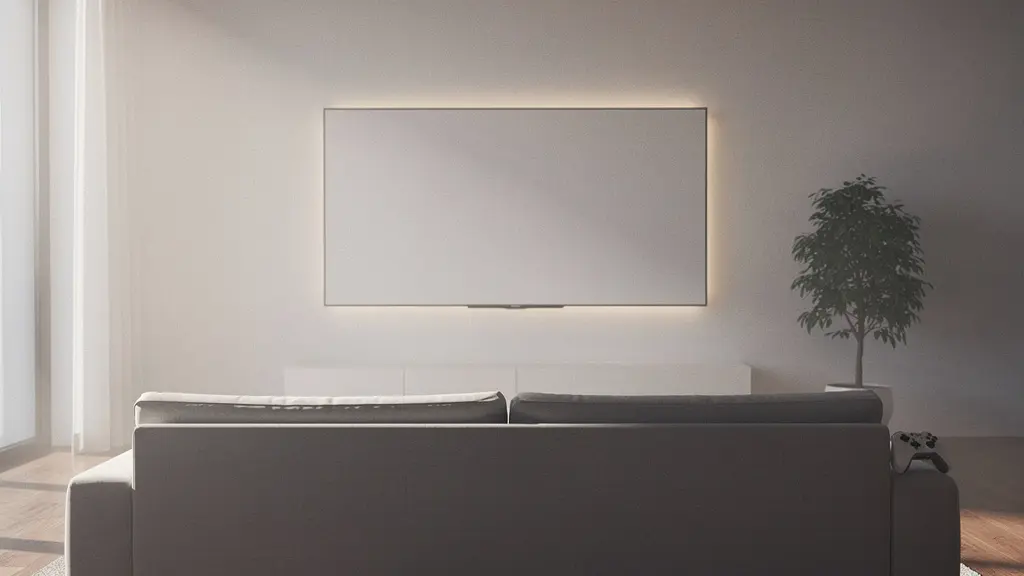 Pièce de salon épurée en perspective avec un grand écran de télévision flou en arrière-plan et un canapé au premier plan, illustrant la distance de lecture entre le joueur et son écran.