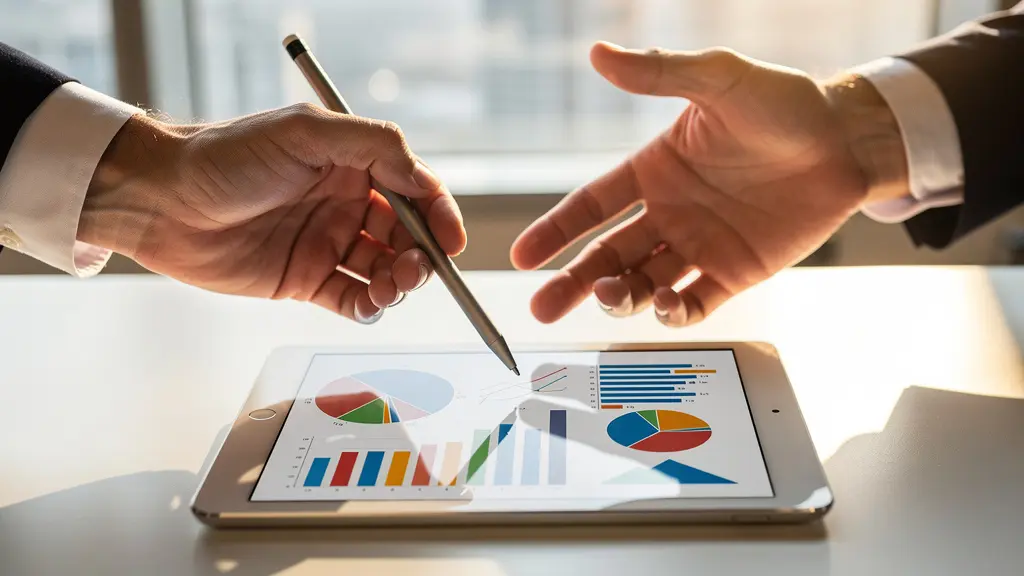 Professionnels analysant des graphiques financiers sur tablette dans un bureau moderne