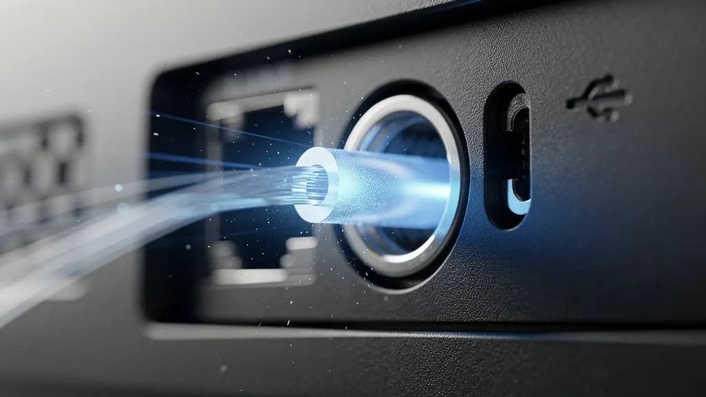 Gros plan macro sur un connecteur fibre optique illuminé par une lumière bleue, symbolisant le point de décision entre traitement local et envoi vers le cloud.