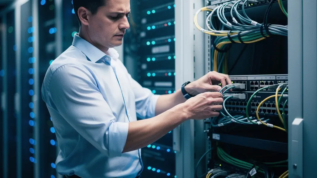 Vue aérienne d'un data center moderne avec rangées de serveurs et éclairage LED bleu