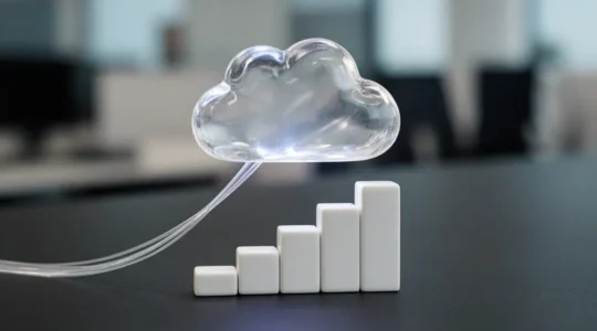 Objet en forme de nuage en verre translucide au-dessus d'un bureau minimaliste, symbolisant une architecture cloud plus légère et des coûts réduits.