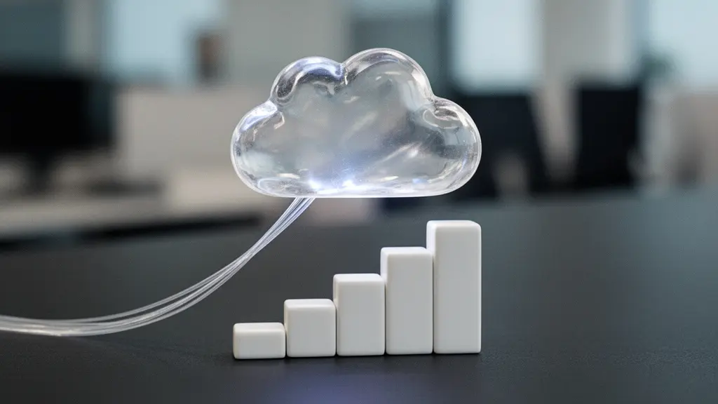 Objet en forme de nuage en verre translucide au-dessus d'un bureau minimaliste, symbolisant une architecture cloud plus légère et des coûts réduits.
