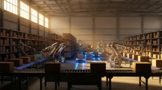 Centre de distribution automatisé avec robots et capteurs IoT gérant les flux de marchandises