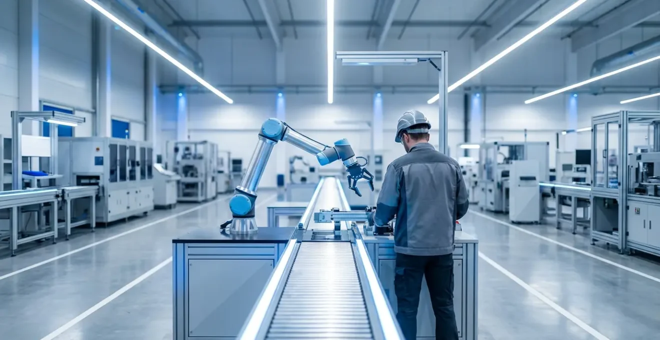 Robot collaboratif travaillant aux côtés d'un opérateur dans un environnement industriel moderne avec des éléments high-tech