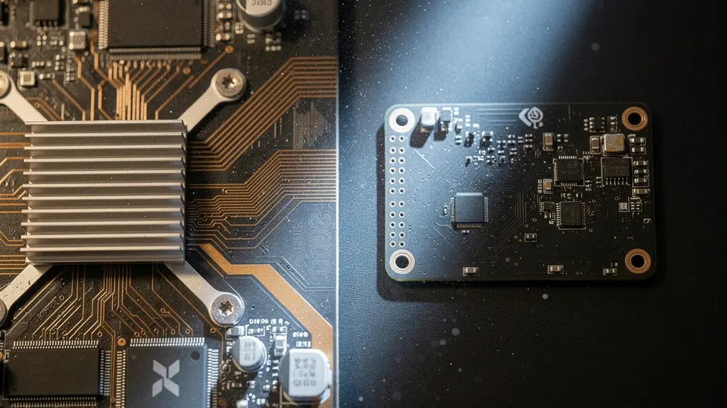 Gros plan sur des composants électroniques miniatures et des circuits imprimés de tailles différentes posés sur une surface sombre, symbolisant les écarts de puissance matérielle entre consoles.