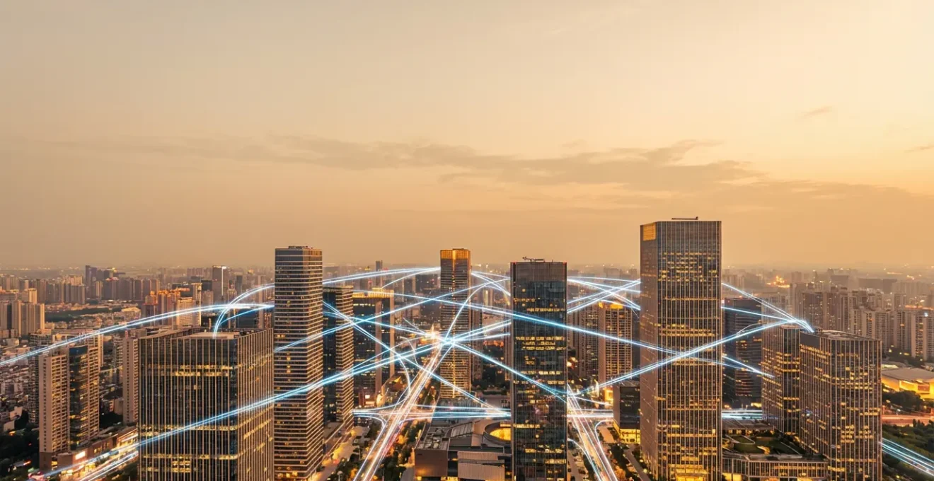 Vue aérienne d'un réseau de connexions lumineuses reliant différents bâtiments d'entreprise dans une métropole moderne