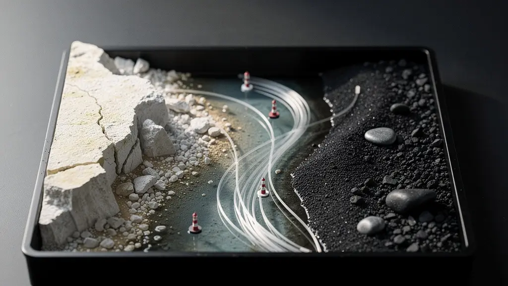 Composition metaphorique montrant deux littoraux symbolises par des textures minerales relies par des filaments lumineux evoquant des cables sous-marins, suggerant Marseille et Djibouti comme carrefours de donnees, sans carte lisible ni texte.