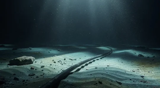 Vue sous-marine d'un câble de fibre optique posé sur le fond océanique avec une lumière bleue profonde