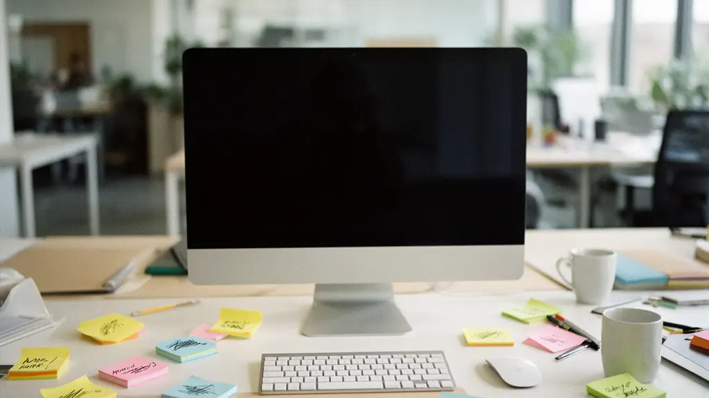 Bureau moderne avec écran d'ordinateur montrant un calendrier et des post-its colorés, vue de trois quarts arrière