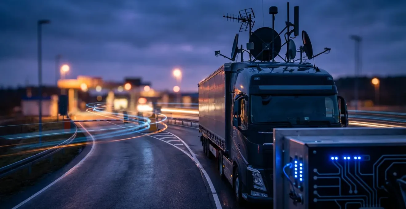 Camion équipé de multiples antennes traversant un poste frontière européen avec visualisation de la connectivité réseau