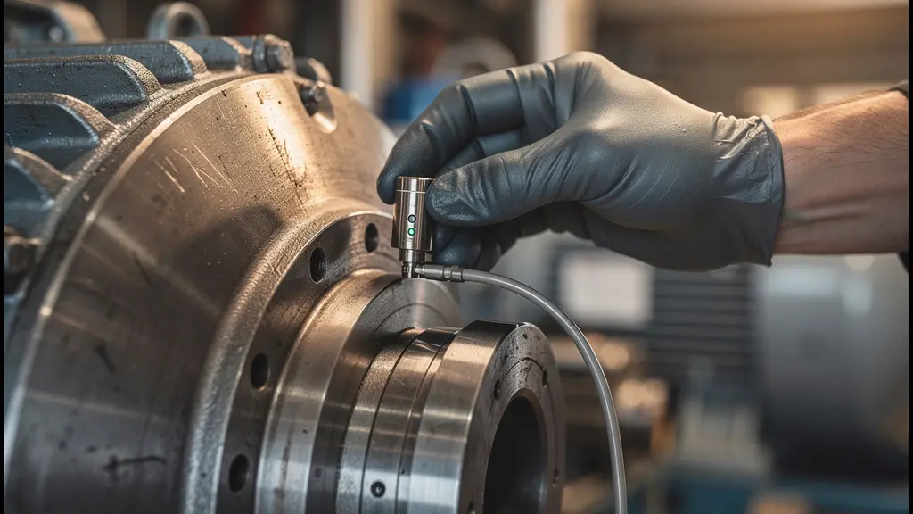 Main gantée d'un technicien positionnant un capteur de vibration sur le palier métallique d'un moteur industriel, illustrant la collecte de données en temps réel pour la maintenance prédictive.