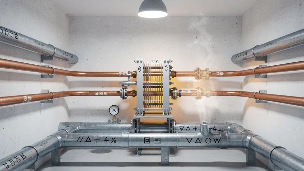 Tuyaux de cuivre et échangeurs thermiques dans une chaufferie récupérant la chaleur d'un data center pour chauffer un bâtiment