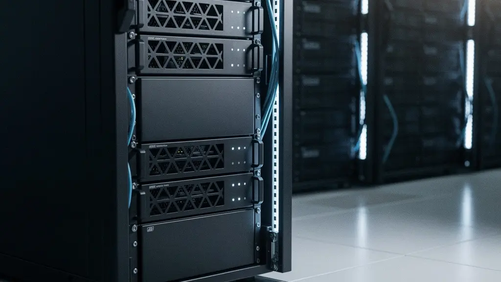 Allée froide d'un datacenter montrant un châssis de serveurs lames partiellement rempli avec des panneaux obturateurs sur les emplacements vacants