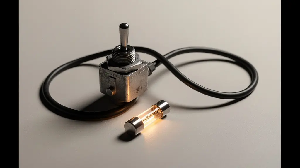 Interrupteur de sécurité et fusible lumineux interrompant une boucle de câble, métaphore d'un circuit breaker qui évite une explosion de coûts.