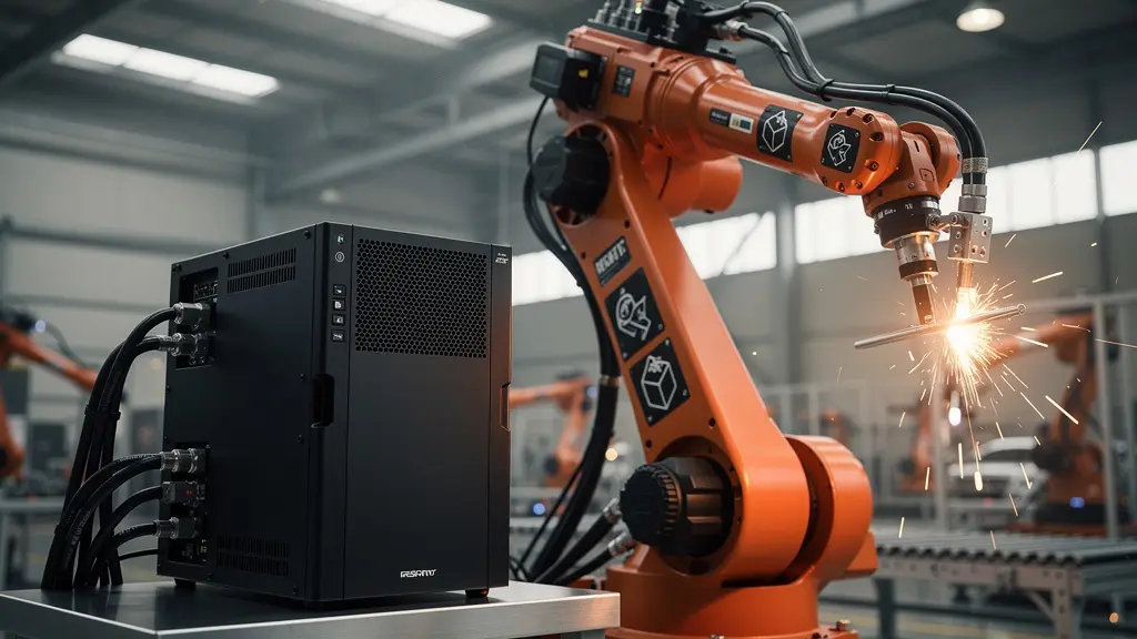 Serveur Edge compact installé au pied d'un bras robotisé industriel, connecté par des câbles à des capteurs sur une ligne de production moderne, illustrant le traitement local des données en temps réel.