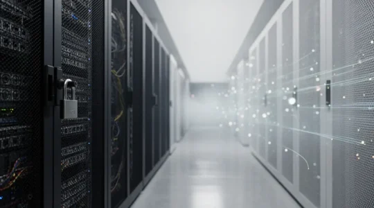 Couloir de centre de donnees avec une zone de baies serveurs verrouillee d un cote et une zone lumineuse plus diffuse de l autre, suggerant le choix entre colocation et cloud, avec un grand espace vide pour une mise en page editoriale.