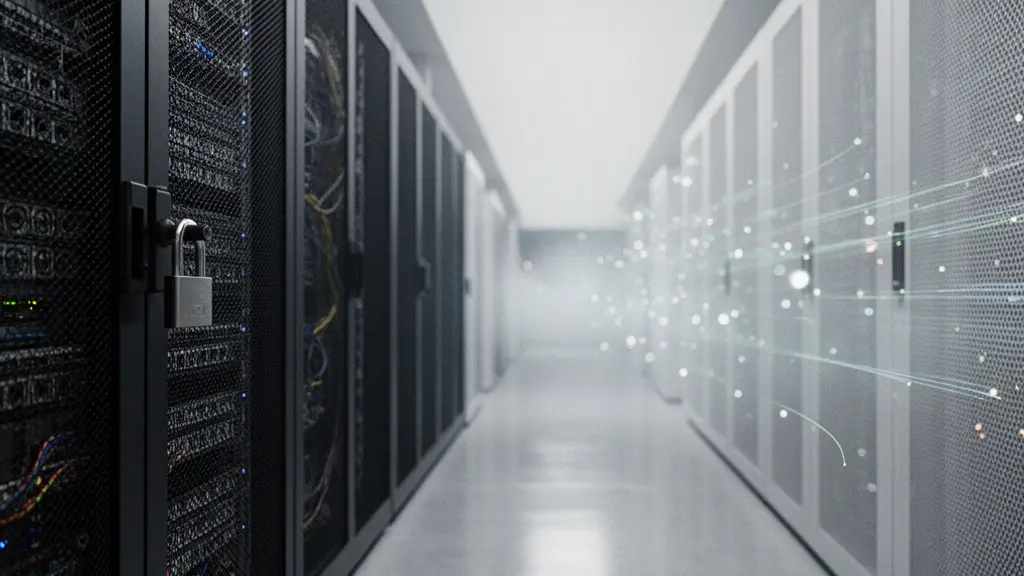 Couloir de centre de donnees avec une zone de baies serveurs verrouillee d un cote et une zone lumineuse plus diffuse de l autre, suggerant le choix entre colocation et cloud, avec un grand espace vide pour une mise en page editoriale.