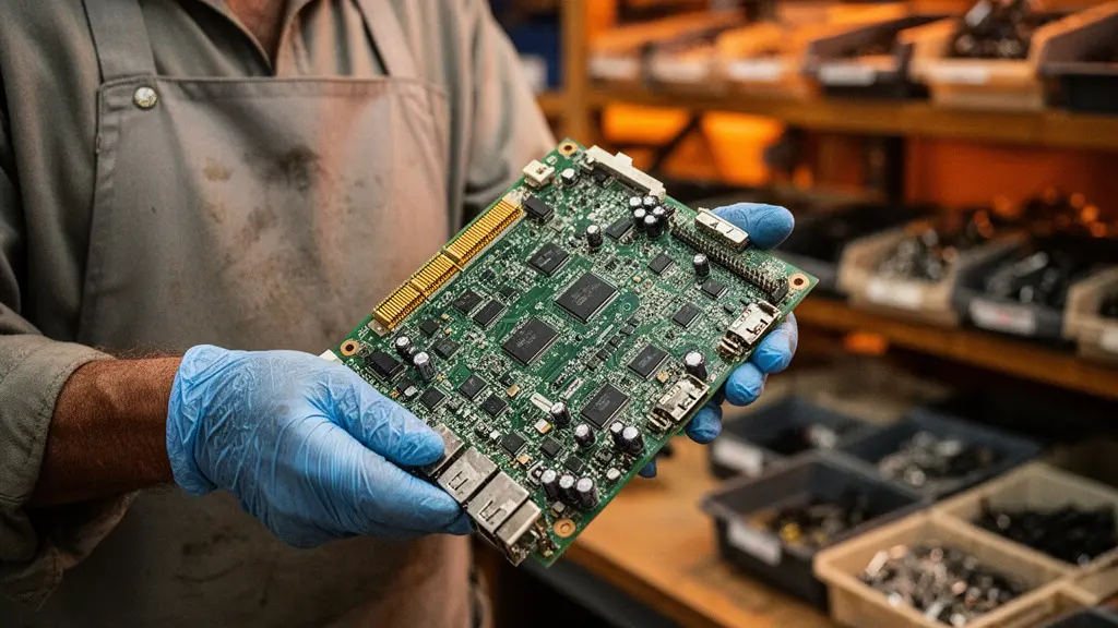 Gros plan sur un circuit imprimé de serveur recyclé montrant les composants électroniques et les traces de métaux précieux récupérables