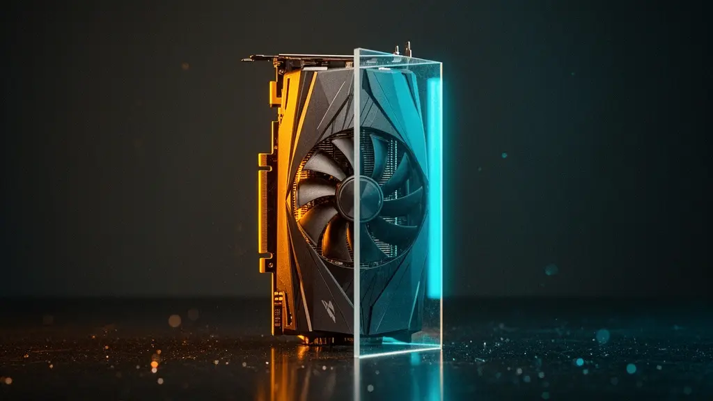 Carte graphique illuminée par des faisceaux de lumière colorés symbolisant le compromis entre ray tracing et fluidité en jeu vidéo