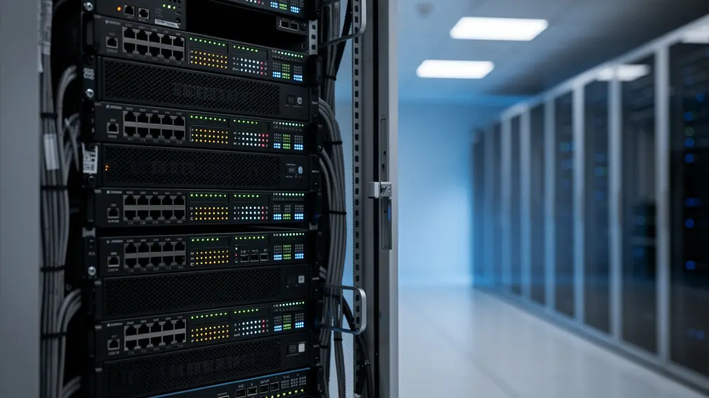 Gros plan sur un rack serveur avec voyants LED multicolores illustrant la complexité de la configuration réseau IPv6