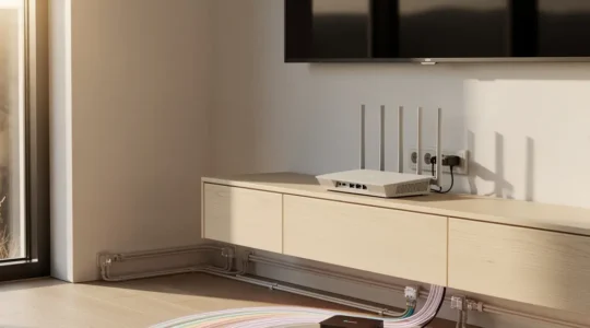 Configuration professionnelle de streaming 4K avec routeur Wi-Fi 6, câbles Ethernet et équipement moderne dans un environnement domestique