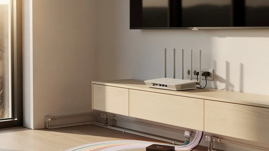 Configuration professionnelle de streaming 4K avec routeur Wi-Fi 6, câbles Ethernet et équipement moderne dans un environnement domestique