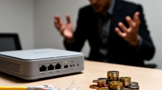 Câble fibre optique sectionné à côté d’un routeur neutre, avec quelques pièces de monnaie suggérant des pénalités financières après une coupure Internet.