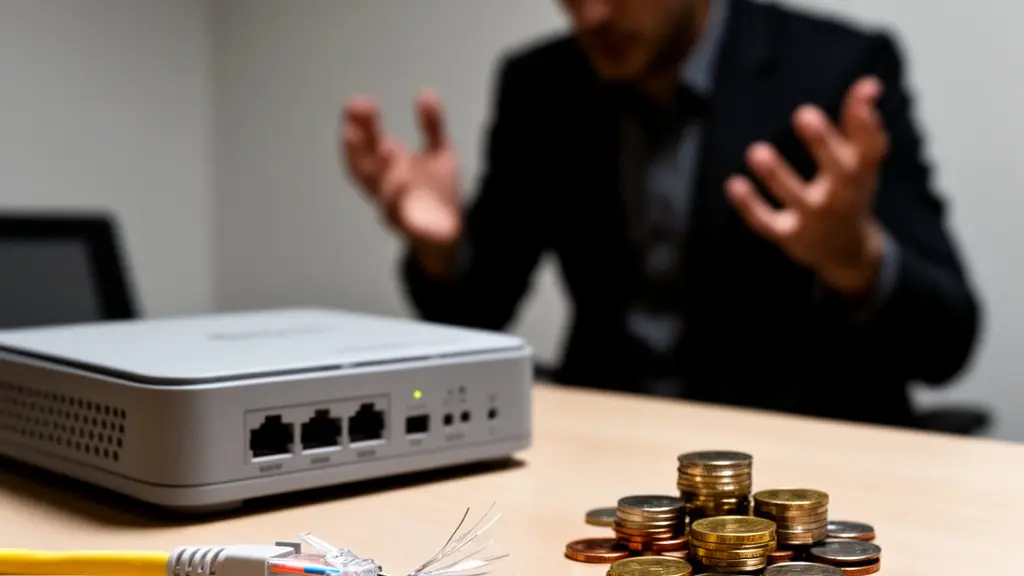 Câble fibre optique sectionné à côté d’un routeur neutre, avec quelques pièces de monnaie suggérant des pénalités financières après une coupure Internet.