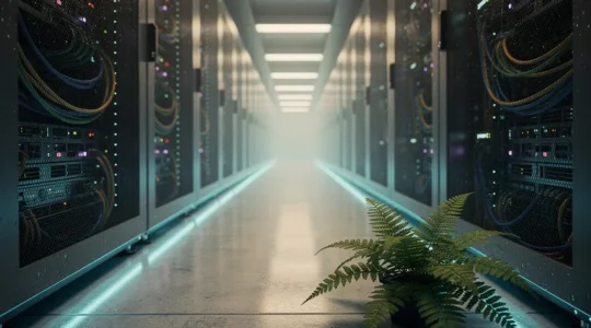 Vue en plongée d'une allée de serveurs dans un data center avec des reflets lumineux verts et bleus évoquant l'empreinte environnementale du numérique