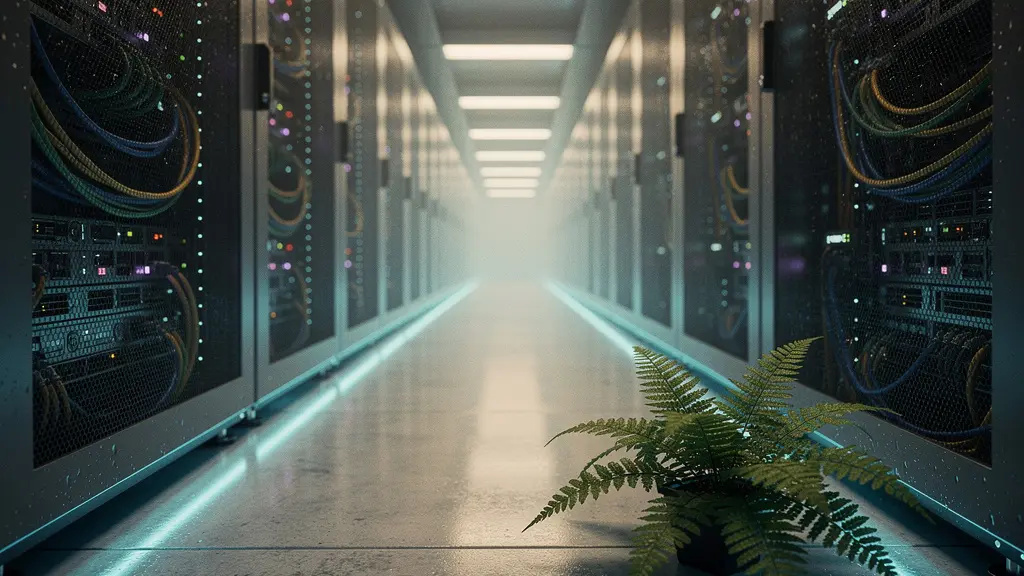 Vue en plongée d'une allée de serveurs dans un data center avec des reflets lumineux verts et bleus évoquant l'empreinte environnementale du numérique