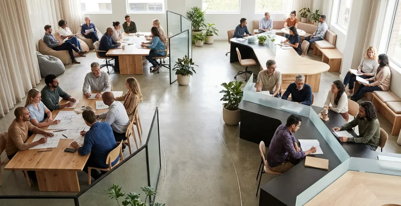 Vue aérienne d'une structure organisationnelle représentée par des formes géométriques interconnectées en expansion harmonieuse