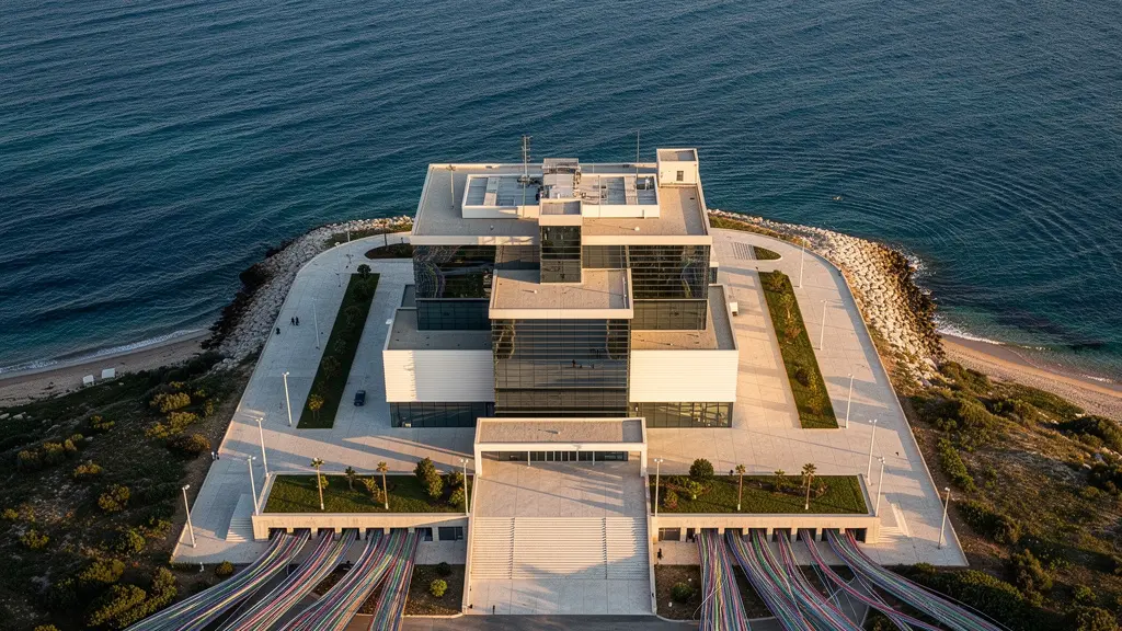 Vue aérienne d'un data center moderne à Marseille avec la Méditerranée en arrière-plan