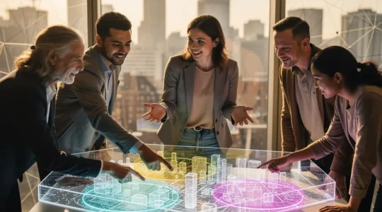 Scène urbaine montrant une consultation publique sur le déploiement 5G avec riverains et techniciens en discussion