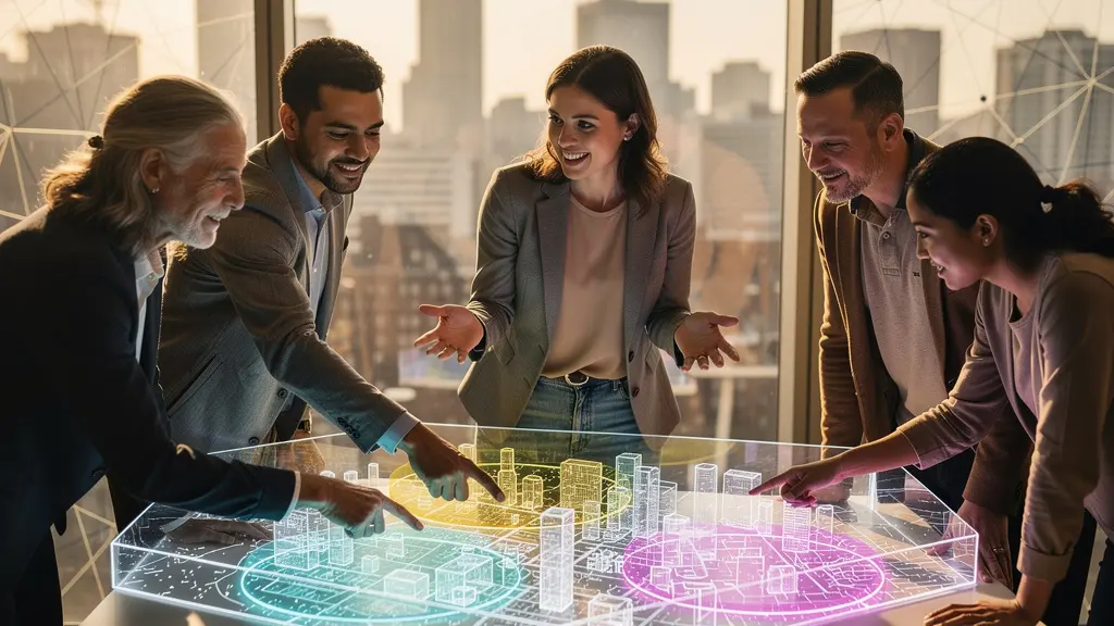 Scène urbaine montrant une consultation publique sur le déploiement 5G avec riverains et techniciens en discussion