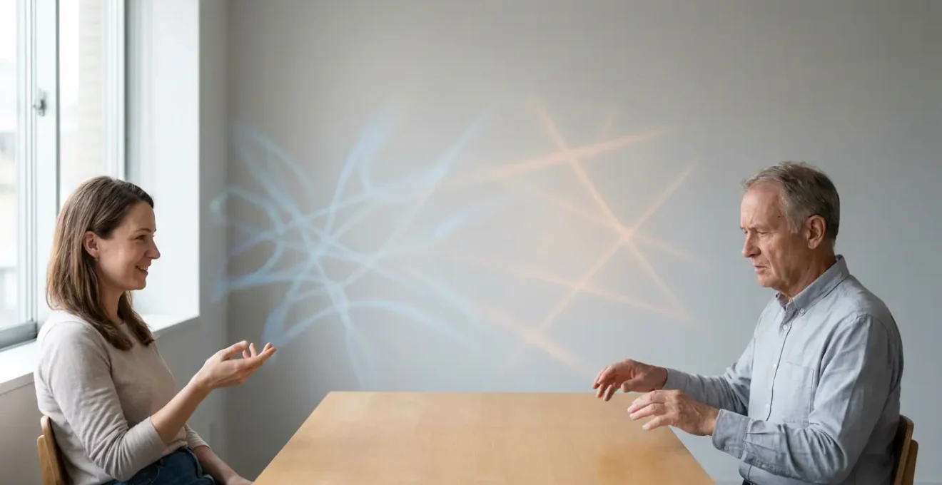 Contraste générationnel face à une interface technologique invisible, montrant deux approches mentales différentes