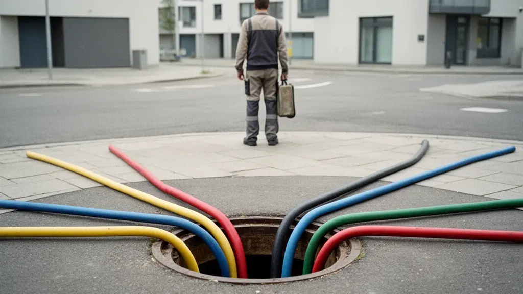 Vue large d’une rue urbaine avec une plaque de regard ouverte et plusieurs gaines techniques distinctes, suggérant la diversité (ou non) des chemins fibre.