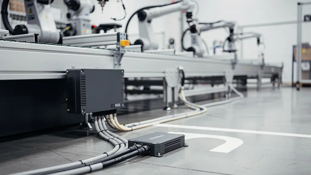 Plan large minimaliste d'un atelier industriel avec une petite boîte de calcul en périphérie au premier plan, symbolisant le traitement local pour réduire la latence.