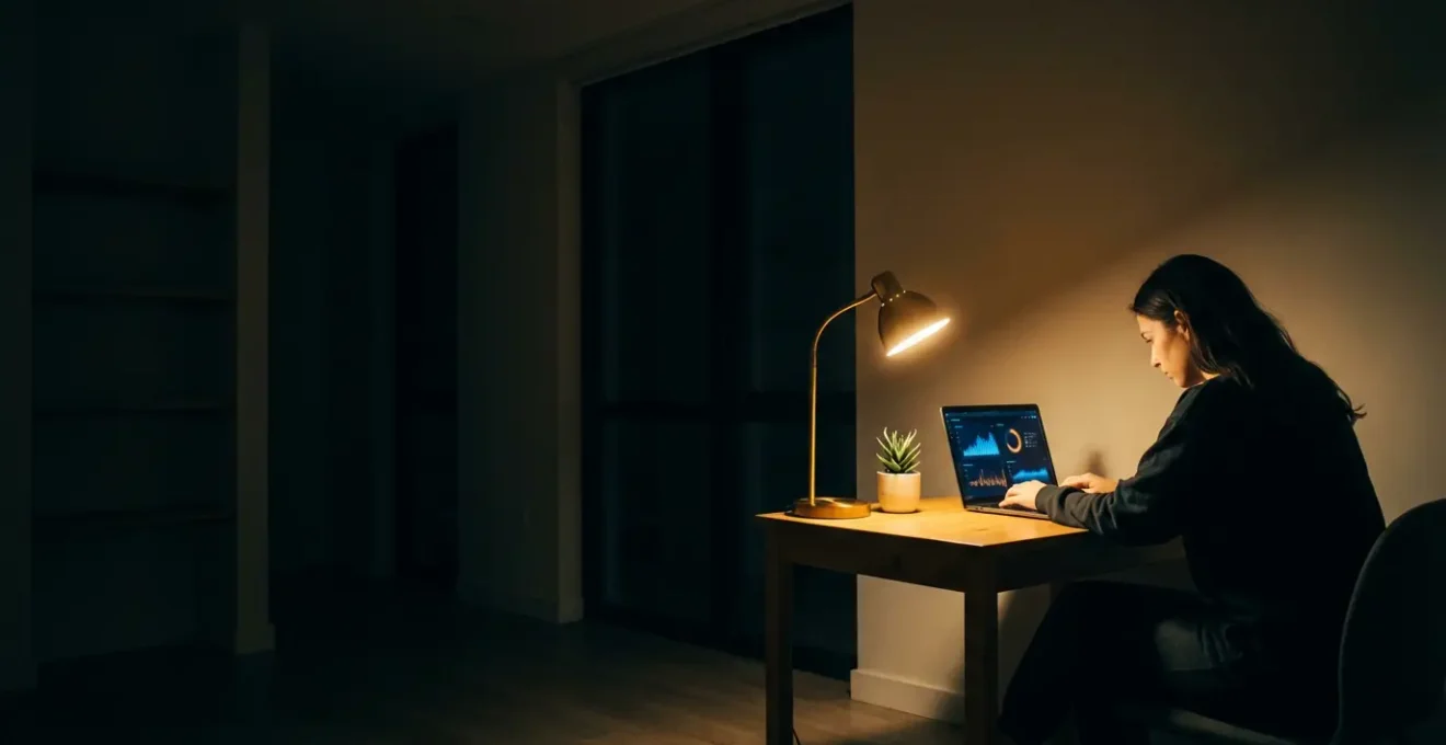 Entrepreneur travaillant tard dans un bureau minimaliste, symbolisant le bootstrapping d'un SaaS B2B