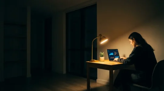 Entrepreneur travaillant tard dans un bureau minimaliste, symbolisant le bootstrapping d'un SaaS B2B