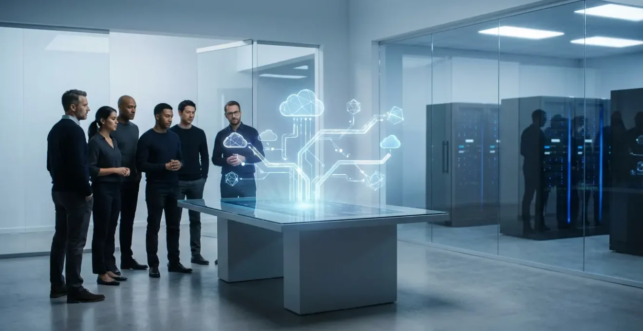 Équipe d'experts analysant une architecture cloud multi-fournisseurs sur écrans d'infrastructure numérique