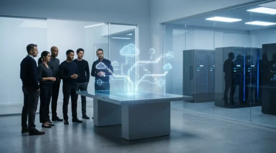 Équipe d'experts analysant une architecture cloud multi-fournisseurs sur écrans d'infrastructure numérique