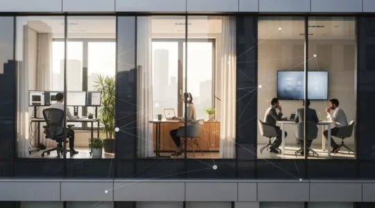 Professionnels travaillant efficacement à distance dans différents environnements avec outils numériques modernes