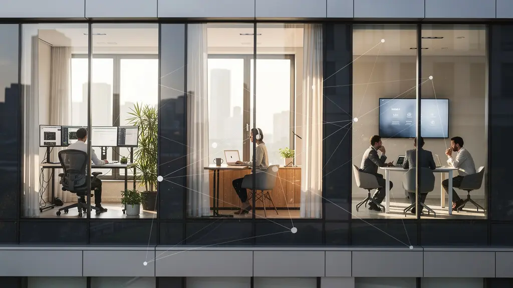 Professionnels travaillant efficacement à distance dans différents environnements avec outils numériques modernes