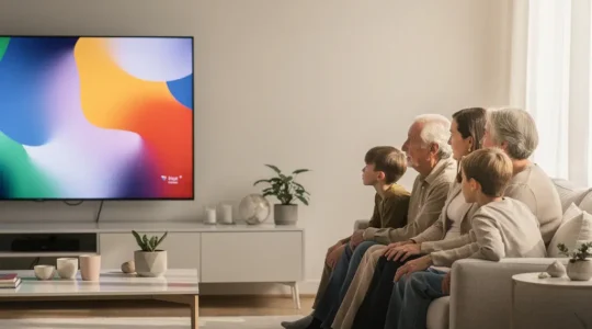 Famille multigénérationnelle réunie dans un salon moderne, consultant ensemble différentes options de streaming sur grand écran