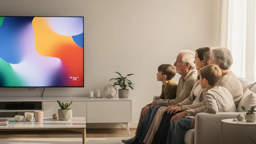 Famille multigénérationnelle réunie dans un salon moderne, consultant ensemble différentes options de streaming sur grand écran