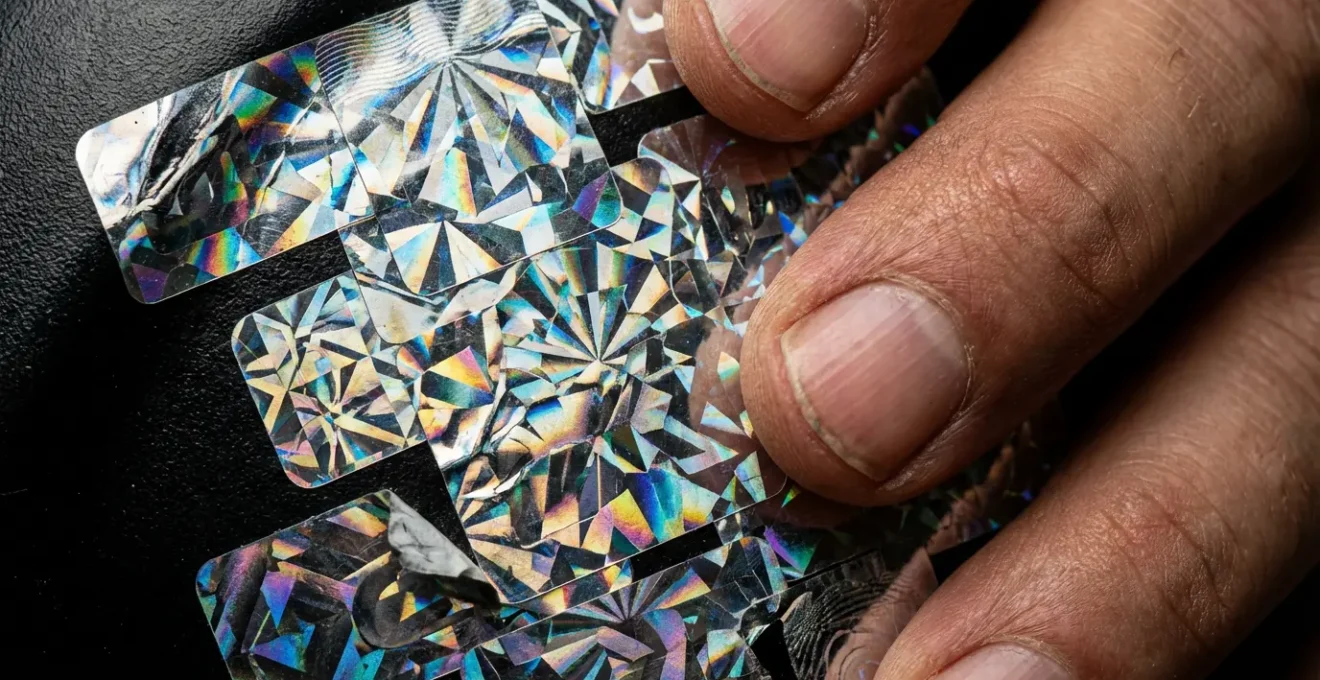 Gros plan sur une main tenant un produit avec de multiples hologrammes de certification brillants