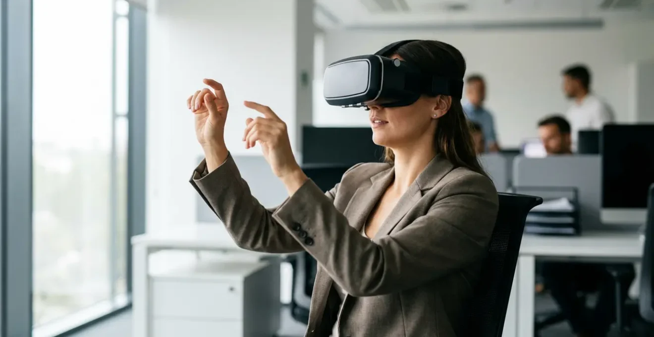 Un professionnel en chemise utilise un casque de réalité virtuelle dans un environnement de formation moderne