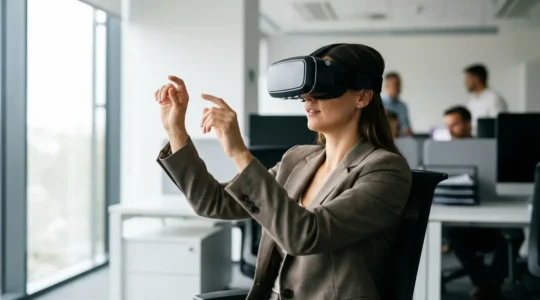 Un professionnel en chemise utilise un casque de réalité virtuelle dans un environnement de formation moderne