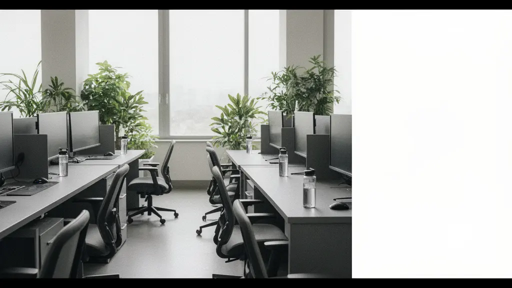 Plan large minimaliste d’un espace d’entraînement partagé, avec lumière naturelle et plantes, suggérant la cohésion sans écrans visibles.