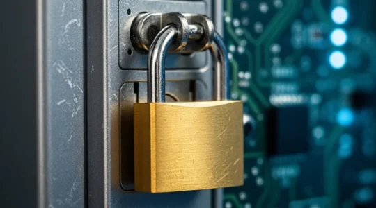 Vue macro d'un cadenas doré sur une surface métallique avec circuit imprimé en arrière-plan flou